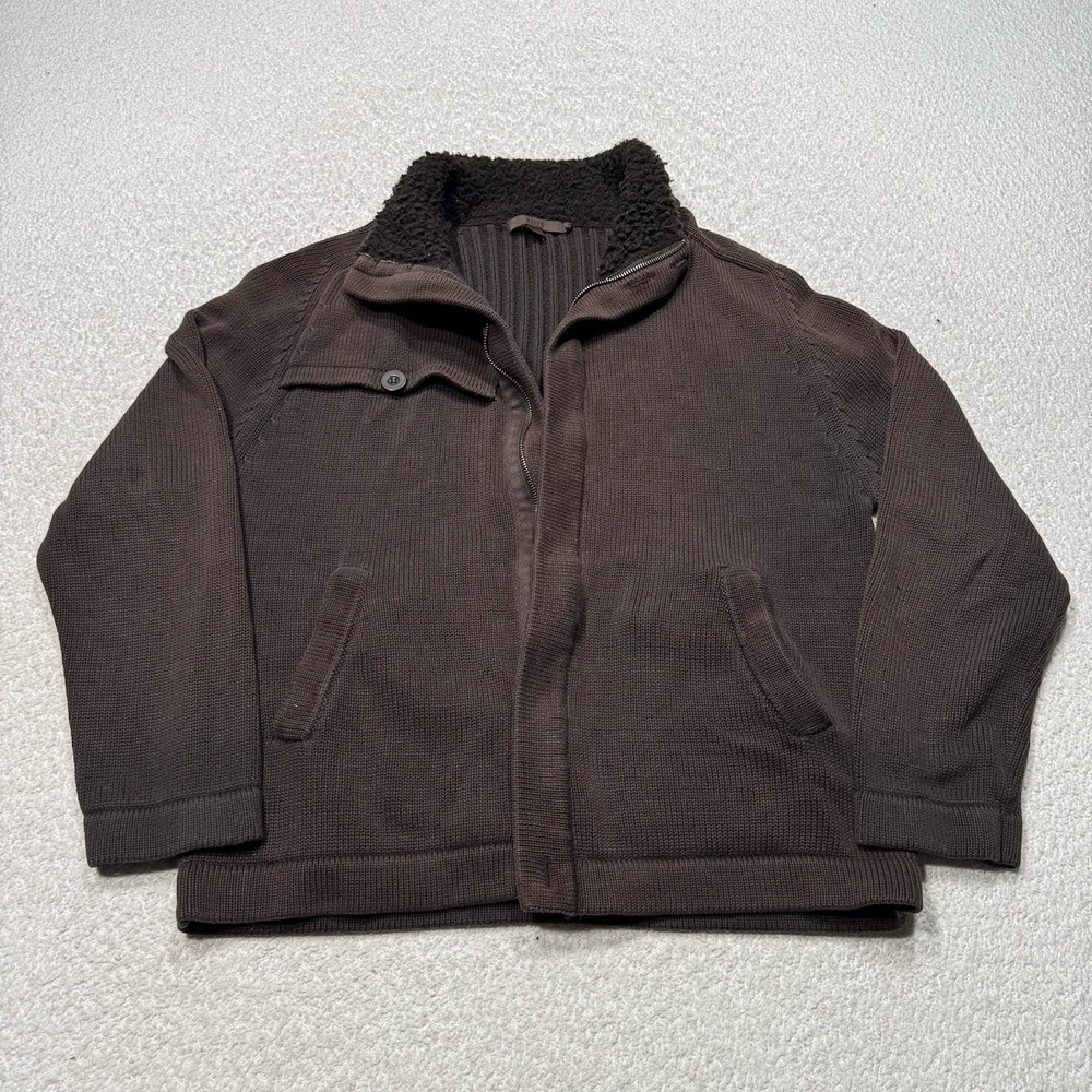 Reiss Men's Cardigan Brown Knit Sweater Sherpa Collar Heavy Weight Large NO ZIP
